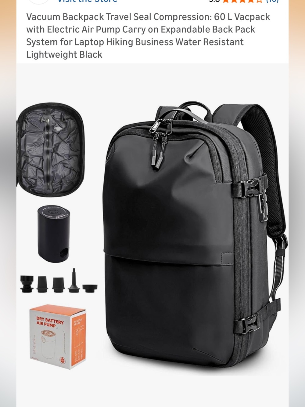 Expandable Black Travel & Business Backpack with Air Pump
